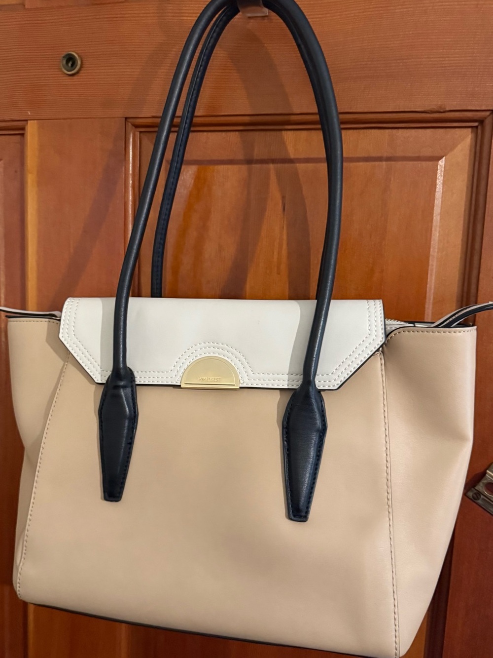 Nine West Beige Tote with White Flap and Black Handles